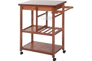 HOMCOM Carrito de Cocina Mesa Servicio Auxiliar Madera y Metal Cromado con 4 Ruedas 2 Cajones y Botellero 85x37x85 cm