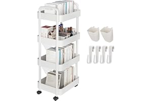SENENQU 4-Tier Plastic Storage Trolley on Wheels, White Rolling Utility Cart with Handles, Mobile Storage Cart Unit Organizer for Kitchen Bathroom Bedroom Office – 41 x 25 x 107cm