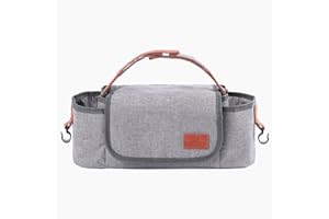 FGen Sac Rangement pour Poussette Bébé, Sac Organisateur pour Poussettes et Landaus, Avec 2 porte-gobelets profonds et sangle d'épaule, Convient à tous les modèles de poussette (Gris)