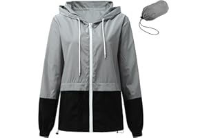 ERZU Giacca Antipioggia da Donna in Misto di Colori Impermeabile Leggera Giacca a Impermeabile con Cappuccio