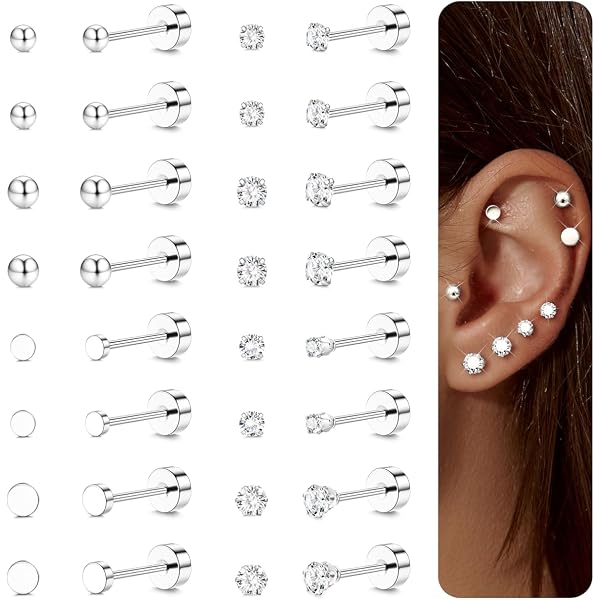 20G Cristallo Cartilagine Piccoli Orecchini Argento Sterling