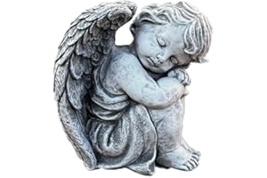 stoneandstyle Figura de ángel sentado grande de piedra fundida resistente a las heladas aprox. 6,7 kg