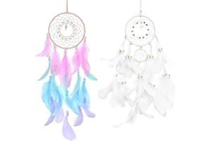 TAIHOBO Zestaw 2 łapaczy snów dla dzieci, ręcznie robiony łapacz snów, zestaw do majsterkowania, białe i różowe pawie pióra, łapacz snów, mały z kolorowymi perłami, do powieszenia na ścianie,