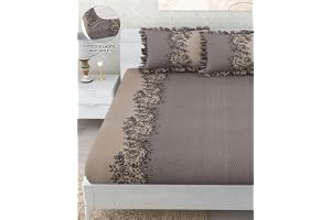 VASHEK Cotton Feel Elastic Fitted King Size Bedsheet with 2 King Frill Size Pillow Covers Double Bed with All Around Elastic 300-350 TC (Coffee)