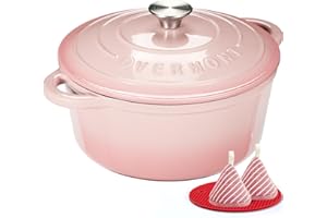 Overmont Cocotte en Fonte Émaillée - Ø26 cm Casserole Antiadhésive Avec Couvercle et Maniques en Coton - Batterie de Cuisine Robuste pour Braiser Ragoûts Rôtir Pain - Rose pastel
