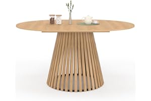 IDMarket – Mesa de comedor extensible redonda Carmen 4-8 personas, pie de madera de lamas y bandeja de madera, 110-150 cm