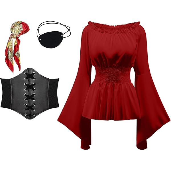 TSIRNK Piratenkostuum voor dames, 6 stuks, piratenkostuum voor vrouwen, met middeleeuwse blouse, piratenjurk, piratenaccessoires, voor Halloween, carnaval (zwart, S