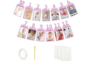 MORLUKS Guirnalda de Fotos 1 Cumpleaños, Guirnalda de Fotos de Papel Purpurina, Guirnalda de Hitos Bebés de 1 a 12 Meses, Decoración de Cumpleaños Niñas Niños, Decoración de Pared para Colgar (Rosa English)02
