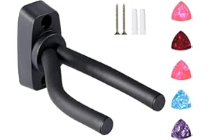 Vinabo Support Mural pour Guitare, avec 5 Médiators et Crochet de Suspension Inclus, Taille Ajustable, Convient également pour Banjo, Basse, Ukulélé et Mandoline Noir