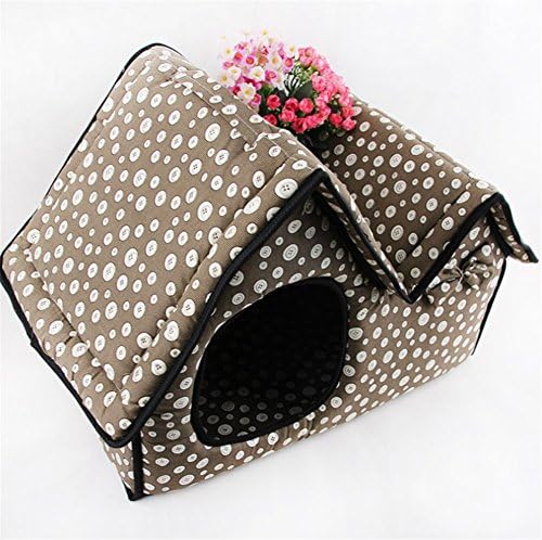 UMALL Polka Dot High-End Double Pet House for Cats Puppy Small Dogs Cave with Bed Indoor Igloo Soft (Brown)