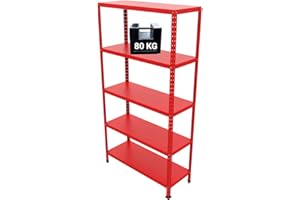 GRIMA Scaffale Metallo 5 ripiani - 100x40x187h cm (80 kg per ripiano, totale 400 kg) Scaffali in metallo per garage, cucina, ufficio, scaffale professionale in metallo (Rosso)