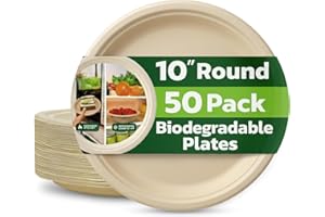 ASK PACKAGING Strong Paper Plates (10inch - 50 Pack) – 100% Compostable Disposable Plates – Heavy Duty Natural Sugarcane Eco-Friendly Biodegradable Plastic Free Bagasse Party Plate – Microwave & Freezer Safe