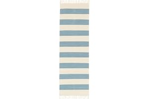 RugVista Cotton Stripe, Alfombra, Kilim Moderno, 250 x 80 cm, Rectangular, Pelo Corto, Limpieza en seco, Certificado Care & Fair, Claro Azul