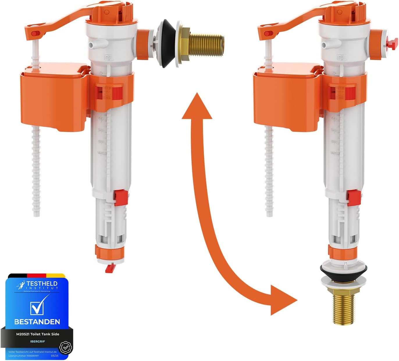 Ibergrif, M20521 Sistema de Alimentación Lateral o Inferior del Tanque del Inodoro, Válvula de Llenado de Inodoro con Tuerca de Latón, Válvula de Alimentación Doble M12/17