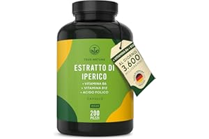 Iperico - 200 Capsule (Erba di San Giovanni) - 3.600 mg al giorno - ipericina naturale - vitamina B6, B12 e acido folico (aiutano a ridurre la stanchezza) - TRUE NATURE®