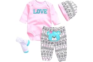 Scnbom Reborn Baby Dolls Clothes for 17-22 inch newborn babies Girl Outfits Accesories（Grey white pink rabbit 5pcs Set）