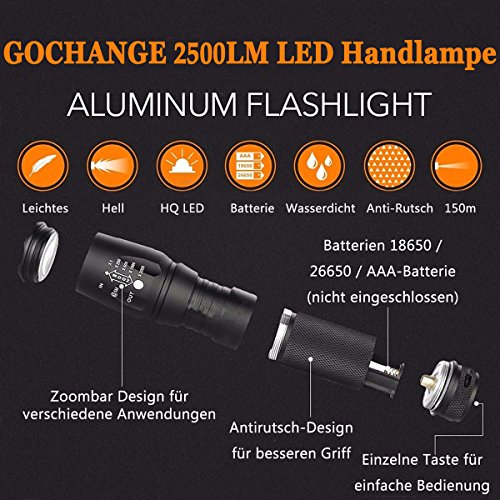 LED Zoombar 2500lm Superhelle Taschenlampe, GOCHANGE LED Handlampe, LED Camping Handlampe, LED Flashlight Mit einstellbarem Fokus / 5 Licht-Modi Wasserdicht Lampe für Outdoor Sportarten wie Camping, Wandern, Angeln - 6