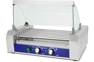 VERTES Hot Dog Maker in acciaio inox 1400W, macchina per hot dog con 7 rulli e 2 zone di riscaldamento, griglia professionale per salsicce, vassoio di sgocciolamento e temperatura di 50-250°C