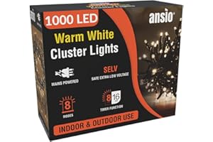 ANSIO® Christmas Lights 1000 LED 12m/39ft Cluster Christmas Tree Lights for Indoor & Outdoor Warm White Decorations Fairy Lights with Timer for Xmas Garden & Party | Mains Powered Green Cable