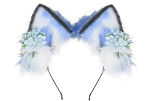 VIGVAN Kawaii opaska do włosów z lisiem kocim uszem, szpilka do włosów Cosplay (F niebiesko-biała opaska do włosów)