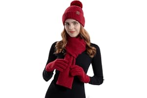 Smgbway Mütze Schal Handschuhe Sets, Damen Winter Warm Beanie Mütze Touchscreen Handschuhe und Lang Schal Set mit Dick Fleece Gefütterte, Thermo Strickmütze, Geschenk für Frauen