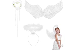 CANRNYACBZ Ali d'angelo, bianco, 60 x 35 cm, costume da angelo con alone e bacchetta magica, ali di piuma, angelo bianco, costume da angelo da donna, per Halloween, carnevale, cosplay, feste, cosplay