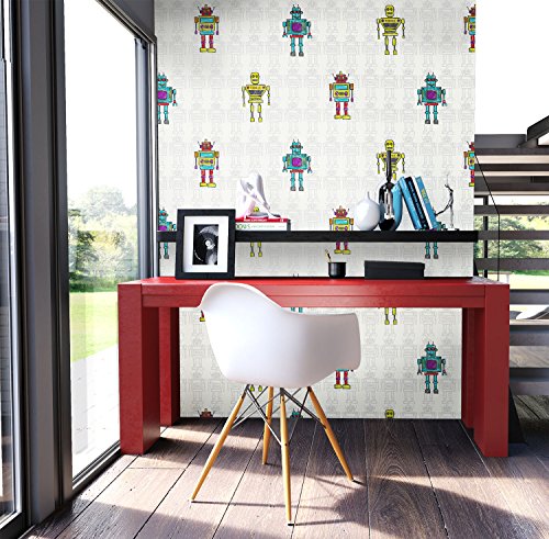 Kindertapete im Roboter Design Türkis, Gelb, Grün , schöne tolle Tapete für Jungen und Mädchen , Deco Technik inklusive Newroom Tapezier Ratgeber mit Tipps für perfekte Wände - 4