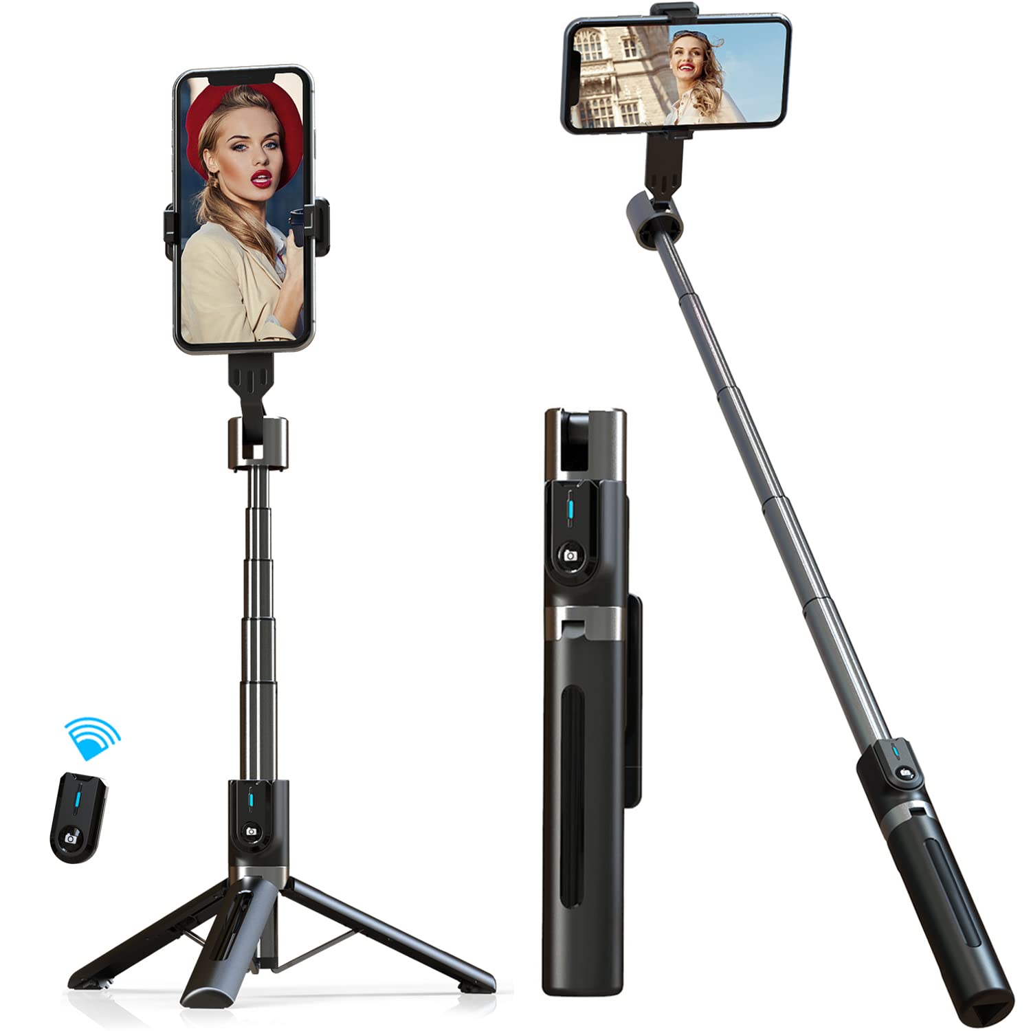 Mobilife Selfie Stick with Reinforced Tripod Stand Strong 110cm/43 inch Long Selfie Stick Aluminum Extendable Pole with Bluetooth Remote for Mobile Phone Vlogging YouTube, Black