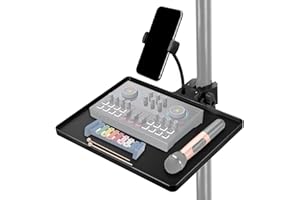 KOOLEHAODA Vassoio per microfono con supporto per telefono, 27 x 20,5 cm, grande vassoio con morsetto a granchio, compatibile con la maggior parte dei supporti per microfono per palco, live streaming, concerti e