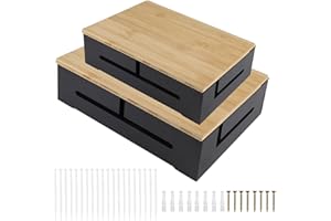 DBREAKS Pudełko do zarządzania kablami, 2 szt. drewniane pudełko na kable z magnetyczną pokrywą bambusową i opaskami kablowymi, skrzynka na kable do montażu na ścianie, skrzynka na kable do organizera