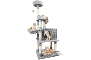 Nobleza - Árbol para Gatos， Altura 148 cm， con 9 Postes Rascadores， 4 Plataformas， 1 Cueva，1 Hamacas， Pompón， Cuerda de sisal， Tela de Felpa， Rascador Multinivel para Gatos Grandes， Gris