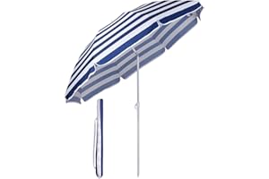 Sekey® Parasol Ø 160 cm inclinable pour patio jardin balcon piscine plage Rayures blanches bleues Rond Sunscreen UV20+