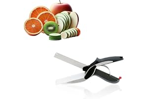 LMSAWK 2-in-1 Multifunctional Kitchen Food Scissors, Food Scissors with Cutting Board, Sharp Steel Scissor Blade Knife, for Salads, Vegetables, Meat, Corn, Potatoes and Bread, Black