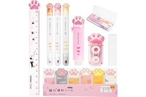 Mulaibdin Set Cancelleria per Gatti, Carino Set Scuola con Gomme da Cancellare, Righello, Penna, Foglietti Adesivi, Ufficio (Rosa)