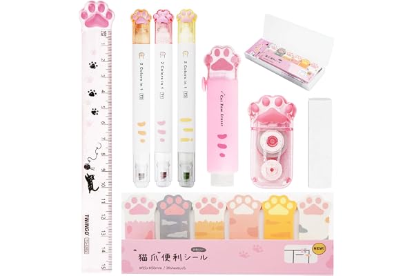 Mulaibdin Fourniture Scolaire Kawaii, Papeterie Kawaii Chat, Mignon Ruban Correcteur, Gomme Patte de Chat, Post It Chat, Regle 15 cm, Fourniture Scolaire Aesthetic pour Enfant (Rose)