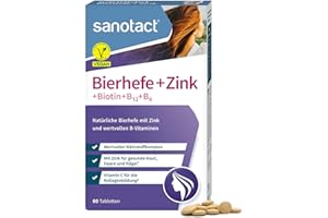 ‎SANOTACT sanotact Bierhefe + Zink (60 Tabletten) • Für Haut, Haare & Nägel • Vitamin-Komplex mit Bierhefe, Zink, Biotin, Vitamin B12, B6 & Vitamin C • Haut & Haar Vitamine • 100% Vegan