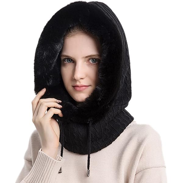 Women's Winter Faux Fur Hooded Hat Scarf - One Piece Beanie & Neck Warmer With Pom Pom, White, One Size