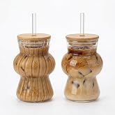 DEİNHAUS İkili Cam Soğuk Kahve Bardağı 2&rsquo;li Set &ndash; Bambu Kapaklı ve Cam Pipetli, 350 ml Estetik Tasarım, Iced Coffee & Smoothi