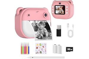 Bizcasa Macchina Fotografica Bambini Istantanea, Fotocamera Digitale con Carta da Stampa e Scheda TF da 32 G, Penne Colora, Regalo Natale Bambino e Bambina 3-14 Anni (Rosa)