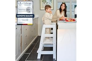‎ALAVYA HOME Alavya Home® NEO Lernturm ab 1 Jahr | Hocker Küchenhelfer, Kippschutz aus Buchenholz bis 70 kg belastbar Höhenverstellbar | Learning Tower 3 Level | Lernturm Montessori für Kinder - Weiß