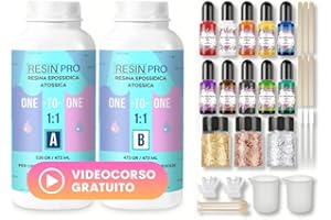 Resin Pro ® Resina epossidica trasparente + VIDEO CORSO OMAGGIO, Kit 500 gr di resina rapporto 1:1 + 29 accessori utili per la creazione di gioielli