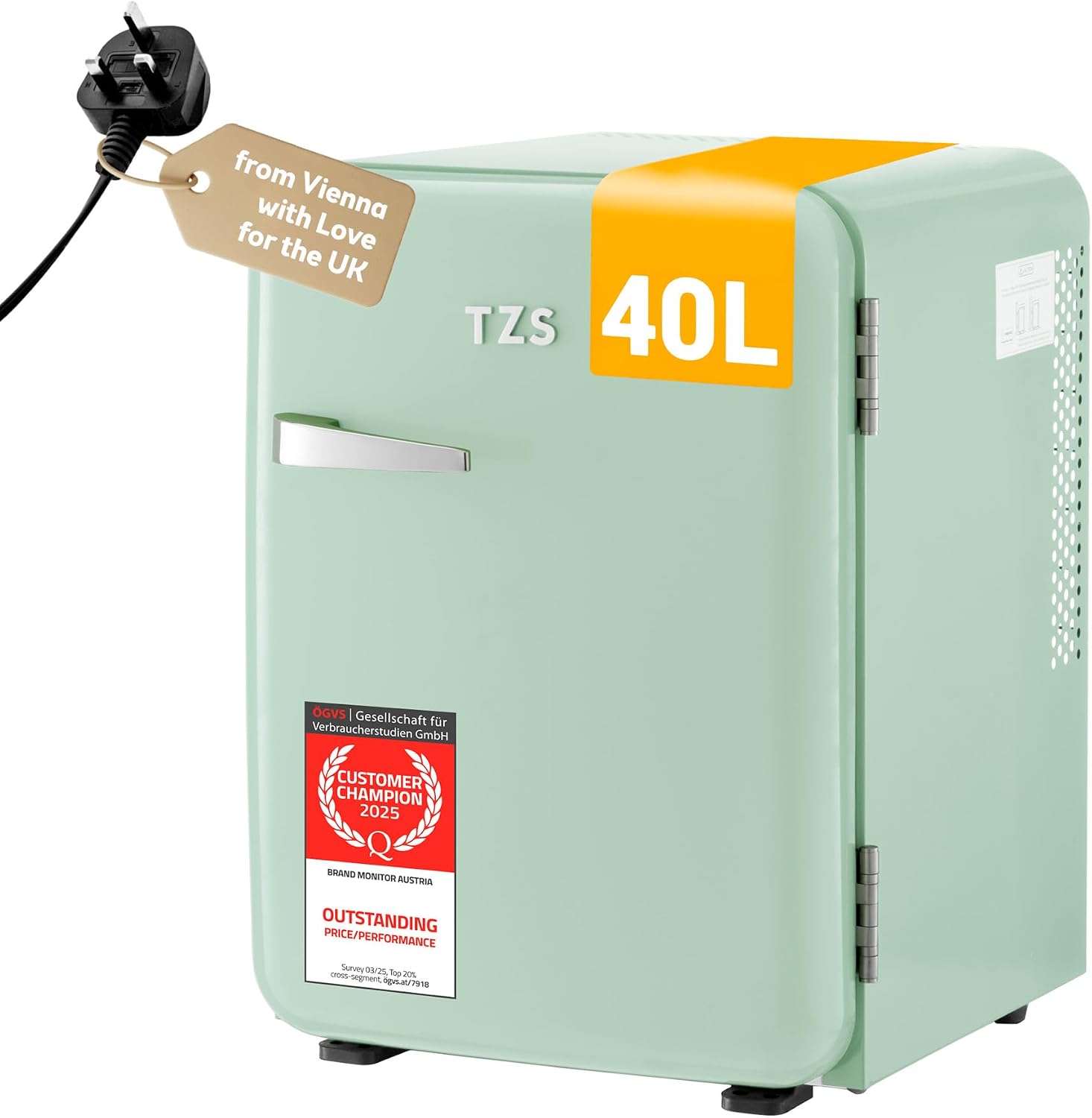 TZS First Austria - Retro Mini Fridge 40L - Silent Operation - Vintage Minibar for Bedrooms & Offices - Mint