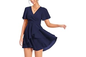 PCEAIIH Women's Casual Dresses Short/Long Sleeve Empire Skater Dress Deep V-Neck Waist Tie Ruffle Mini Swing Dresses