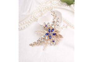 Anglacesmade Peigne à cheveux pour mariée en cristal saphir bleu avec perles et feuilles marquise pour bal de fin d'année, fête, festival, mariage, accessoire pour cheveux pour femmes et filles (doré)