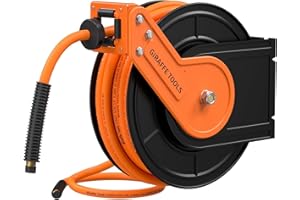 Giraffe Tools Retractable Air Hose Reel 15m+1m, Wall Mounted with 3/8" Hybrid Airline Hoses, Retractable Air Compressor Hose Reel, Pneumatic Heavy Duty Steel Case with 1/4" Quick Coupler