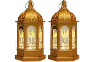 Anlising 2 Pieces Ramadan Lantern Decoration, LED Eid Mubarak Lamp, Ramadan Candle Lantern, Hanging Ramadan Lamp, Ramadan Lantern Decor, for Home Tabletop Decor Creative Party Supplies (Gold)