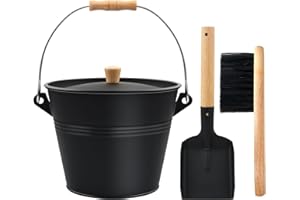HOIIME Secchio per cenere con coperchio, secchio da 5 l, con pala e scopa, secchio a carbone rotondo per camini, set di attrezzi per camino, focolare, stufa a legna, pala per cenere e barbecue (5 L)