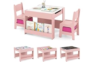 ‎LIFEZEAL LIFEZEAL Kindertisch mit 2 Stühlen, 3 in 1 Maltisch & Aktivitätstisch & Tafeltisch mit Kinderstuhl, Multifunktionale Kindersitzgruppe Sitzgruppe Holz mit Stauraum (Rosa)