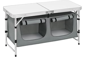 WOLTU Table de Pique Nique Pliante avec Compartiments de Rangement, Table de Jardin Portable et Réglable en Hauteur, pour 4 à 6 Personnes, en Aluminium, Blanc + Gris