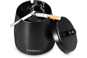 ANICOLL Aschenbecher Edelstahl mit Deckel, Winddichter Tischaschenbecher für Zigaretten, Moderne Windaschenbecher tragbar mit rutschfestem Basis für Draußen und Innen(Schwarz Gross)